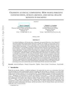Chatbots as social companions: How people perceive consciousness, human likeness, and social health benefits in machines