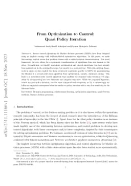 From Optimization to Control: Quasi Policy Iteration