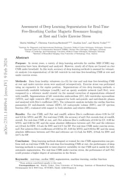 Assessment of Deep Learning Segmentation for Real-Time Free-Breathing
  Cardiac Magnetic Resonance Imaging at Rest and Under Exercise Stress