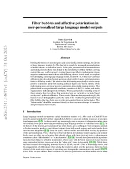Filter bubbles and affective polarization in user-personalized large
  language model outputs