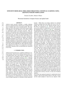 Efficient Rehearsal Free Zero Forgetting Continual Learning using
  Adaptive Weight Modulation