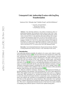 Untargeted Code Authorship Evasion with Seq2Seq Transformation