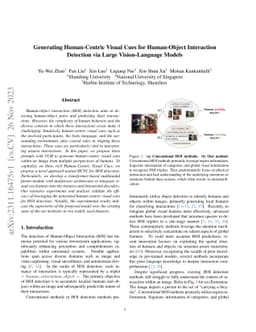 Generating Human-Centric Visual Cues for Human-Object Interaction
  Detection via Large Vision-Language Models