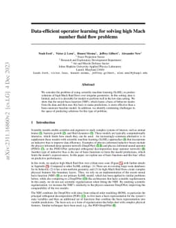 Data-efficient operator learning for solving high Mach number fluid flow
  problems