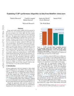 Explaining CLIP's performance disparities on data from blind/low vision
  users