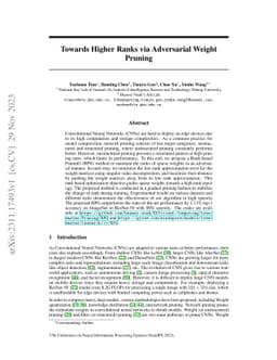 Towards Higher Ranks via Adversarial Weight Pruning