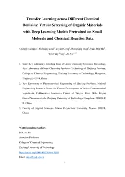 Transfer Learning across Different Chemical Domains: Virtual Screening
  of Organic Materials with Deep Learning Models Pretrained on Small Molecule
  and Chemical Reaction Data