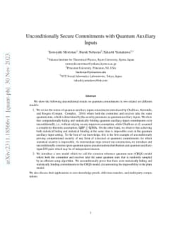 Unconditionally Secure Commitments with Quantum Auxiliary Inputs