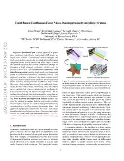 Event-based Continuous Color Video Decompression from Single Frames