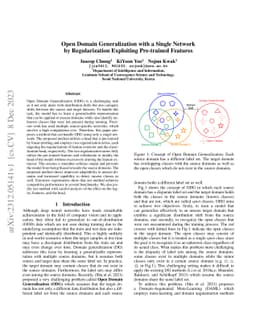 Open Domain Generalization with a Single Network by Regularization
  Exploiting Pre-trained Features
