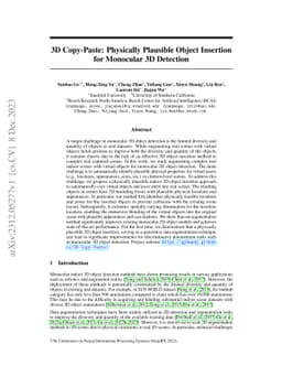 3D Copy-Paste: Physically Plausible Object Insertion for Monocular 3D
  Detection