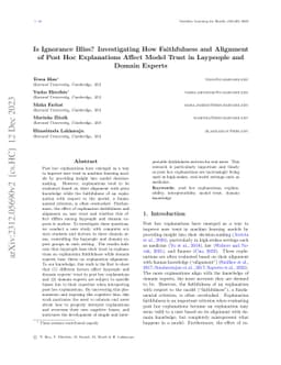 Is Ignorance Bliss? The Role of Post Hoc Explanation Faithfulness and
  Alignment in Model Trust in Laypeople and Domain Experts