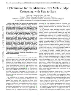 Optimization for the Metaverse over Mobile Edge Computing with Play to
  Earn