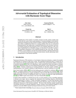 Adversarial Estimation of Topological Dimension with Harmonic Score Maps