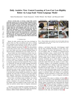 Daily Assistive View Control Learning of Low-Cost Low-Rigidity Robot via
  Large-Scale Vision-Language Model