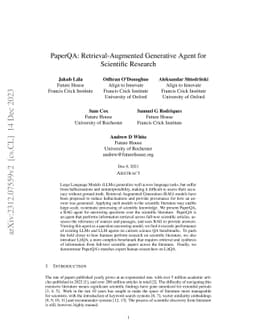 PaperQA: Retrieval-Augmented Generative Agent for Scientific Research