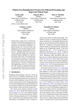 Clinical Text Deduplication Practices for Efficient Pretraining and
  Improved Clinical Tasks