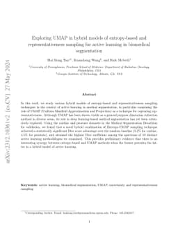 Exploring UMAP in hybrid models of entropy-based and representativeness
  sampling for active learning in biomedical segmentation