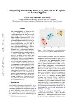 Distinguishing Translations by Human, NMT, and ChatGPT: A Linguistic and
  Statistical Approach
