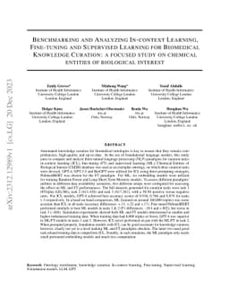 Benchmarking and Analyzing In-context Learning, Fine-tuning and
  Supervised Learning for Biomedical Knowledge Curation: a focused study on
  chemical entities of biological interest