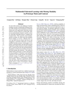 Multimodal Federated Learning with Missing Modality via Prototype Mask
  and Contrast
