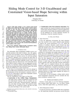 Sliding Mode Control for 3-D Uncalibrated and Constrained Vision-based
  Shape Servoing within Input Saturation