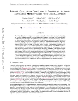 Infinite dSprites for Disentangled Continual Learning: Separating Memory
  Edits from Generalization