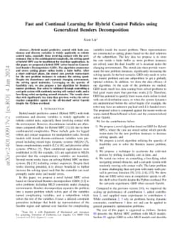 Fast and Continual Learning for Hybrid Control Policies using
  Generalized Benders Decomposition