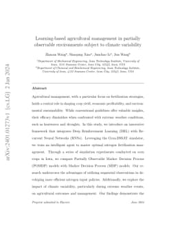 Learning-based agricultural management in partially observable
  environments subject to climate variability