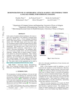 Demonstration of an Adversarial Attack Against a Multimodal Vision
  Language Model for Pathology Imaging