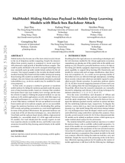MalModel: Hiding Malicious Payload in Mobile Deep Learning Models with
  Black-box Backdoor Attack