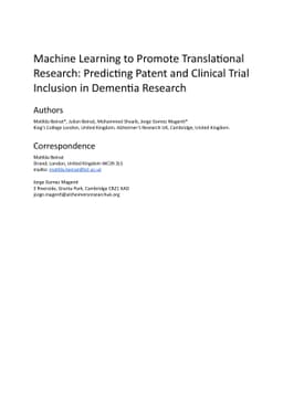 Machine Learning to Promote Translational Research: Predicting Patent
  and Clinical Trial Inclusion in Dementia Research