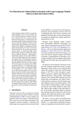 Two Directions for Clinical Data Generation with Large Language Models:
  Data-to-Label and Label-to-Data