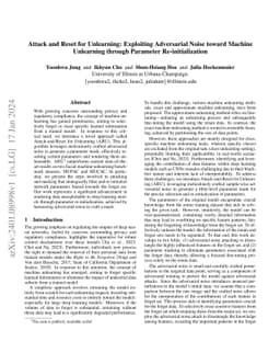 Attack and Reset for Unlearning: Exploiting Adversarial Noise toward
  Machine Unlearning through Parameter Re-initialization