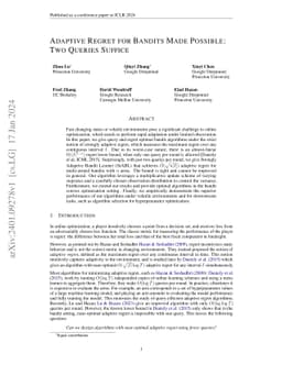 Adaptive Regret for Bandits Made Possible: Two Queries Suffice