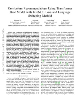 Curriculum Recommendations Using Transformer Base Model with InfoNCE
  Loss And Language Switching Method