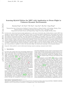 Learning Hybrid Policies for MPC with Application to Drone Flight in
  Unknown Dynamic Environments