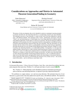 Considerations on Approaches and Metrics in Automated Theorem
  Generation/Finding in Geometry