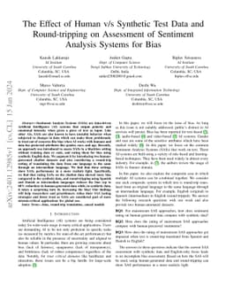The Effect of Human v/s Synthetic Test Data and Round-tripping on
  Assessment of Sentiment Analysis Systems for Bias