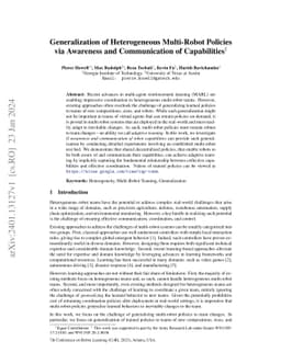 Generalization of Heterogeneous Multi-Robot Policies via Awareness and
  Communication of Capabilities