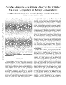 AMuSE: Adaptive Multimodal Analysis for Speaker Emotion Recognition in
  Group Conversations