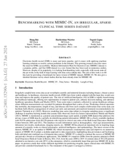 Benchmarking with MIMIC-IV, an irregular, spare clinical time series
  dataset