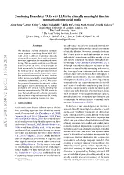 Combining Hierachical VAEs with LLMs for clinically meaningful timeline
  summarisation in social media