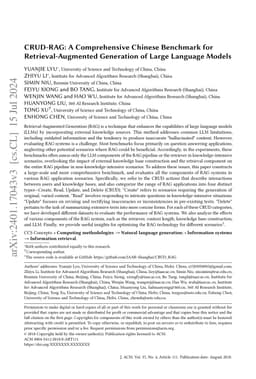 CRUD-RAG: A Comprehensive Chinese Benchmark for Retrieval-Augmented
  Generation of Large Language Models