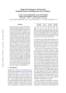 Single Word Change is All You Need: Designing Attacks and Defenses for
  Text Classifiers