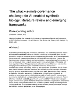 The whack-a-mole governance challenge for AI-enabled synthetic biology:
  literature review and emerging frameworks