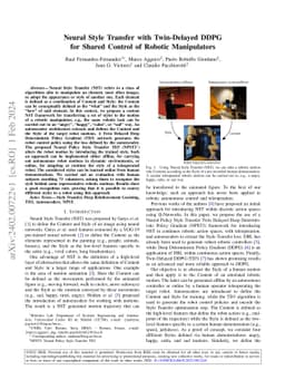 Neural Style Transfer with Twin-Delayed DDPG for Shared Control of
  Robotic Manipulators