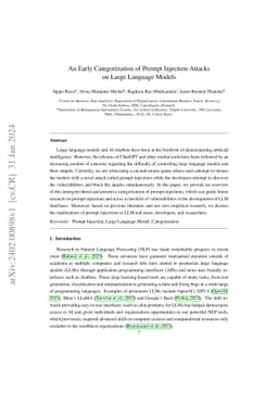 An Early Categorization of Prompt Injection Attacks on Large Language
  Models