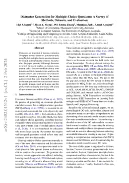 Distractor Generation for Multiple-Choice Questions: A Survey of
  Methods, Datasets, and Evaluation