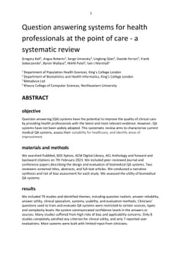 Question answering systems for health professionals at the point of care
  -- a systematic review